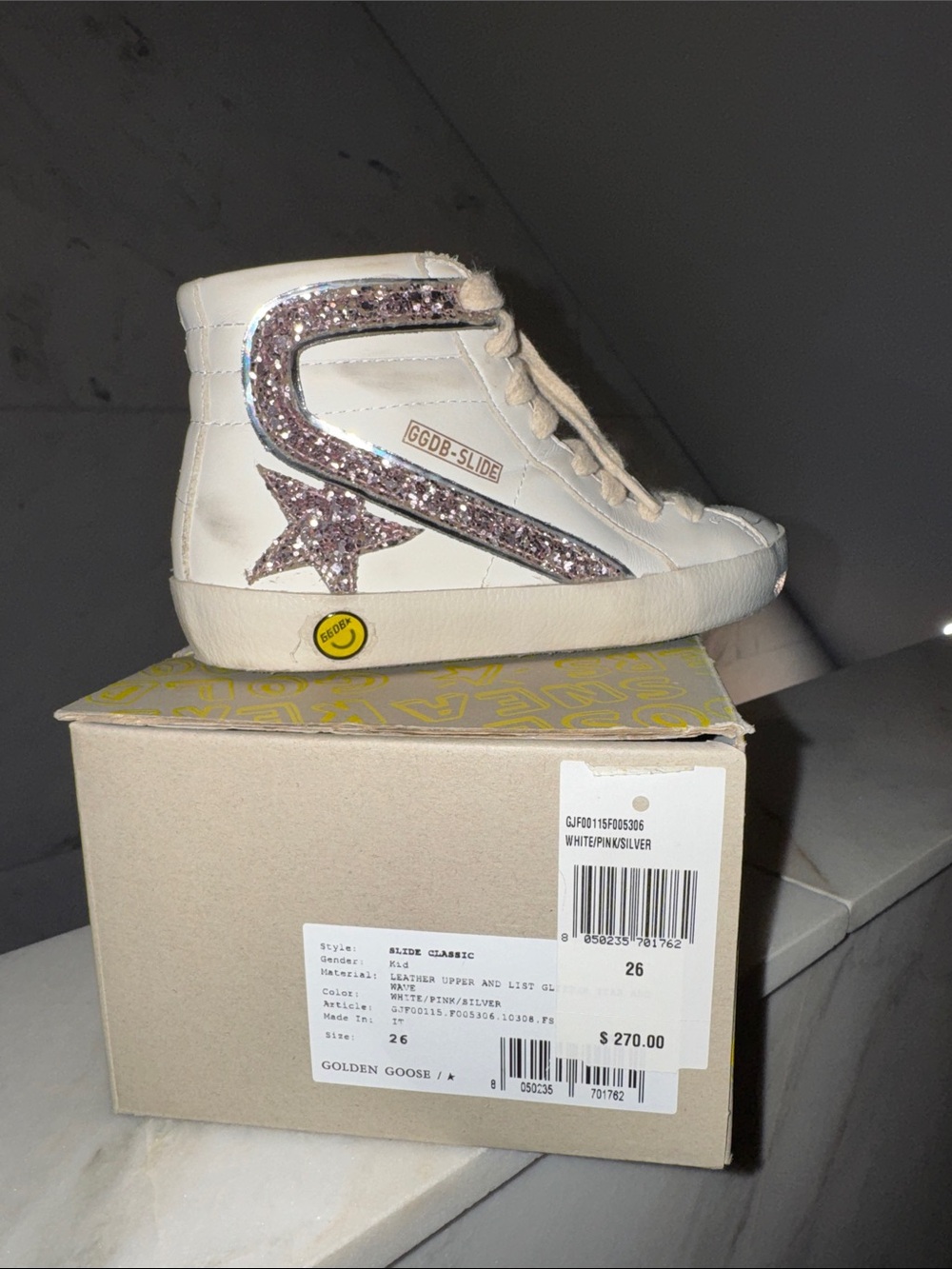 Golden Goose White High-Top Sneaker with Pink Glitter Star and Silver Trim